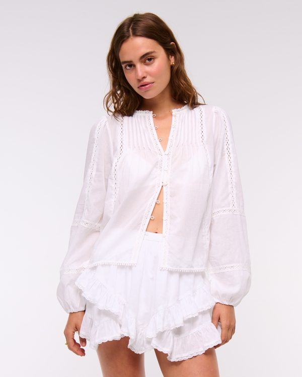 High Rise Layered Ruffle Mini Skort, White view 1