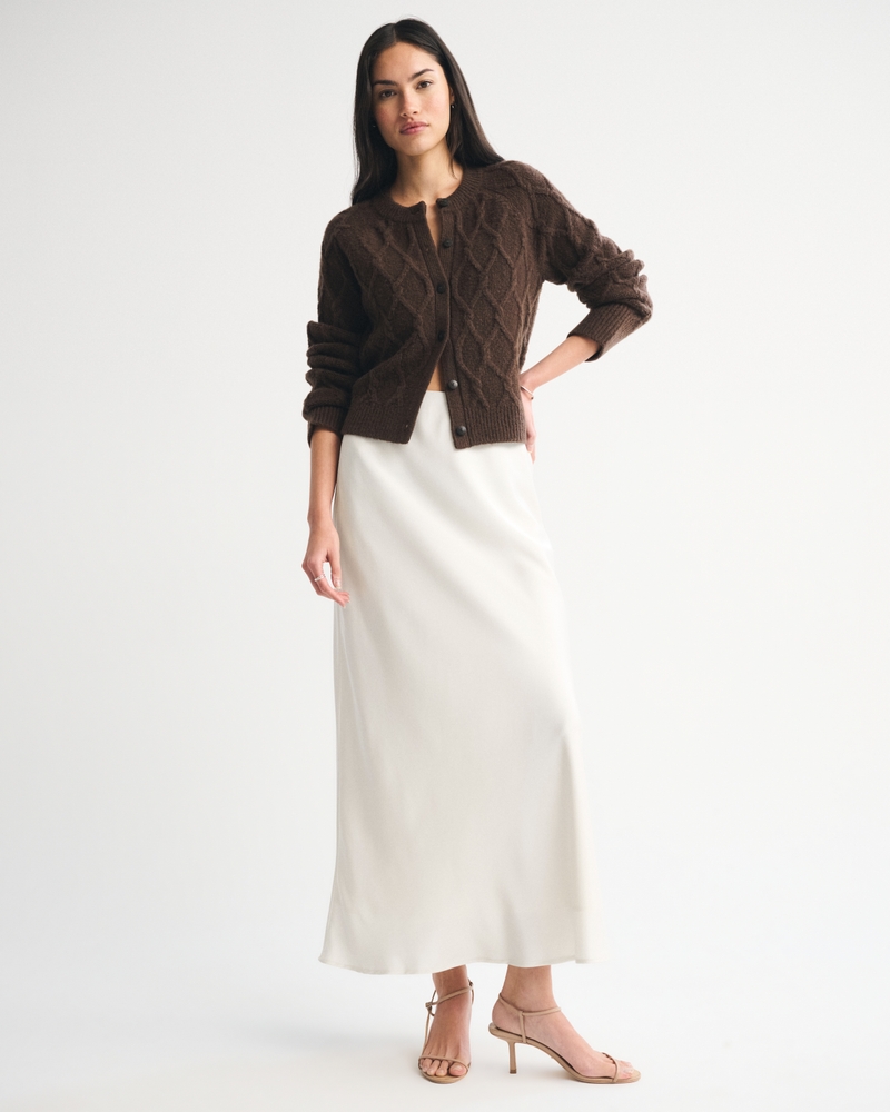 High Rise Satin Lace-Hem Midi Skirt
