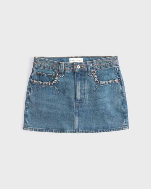 Embroidered Mid Rise Denim Mini Skirt, Medium Wash With Embroidery view 2