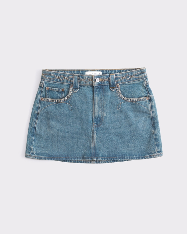 Curve Love Embroidered Mid Rise Denim Mini Skirt, Medium Wash With Embroidery view 2