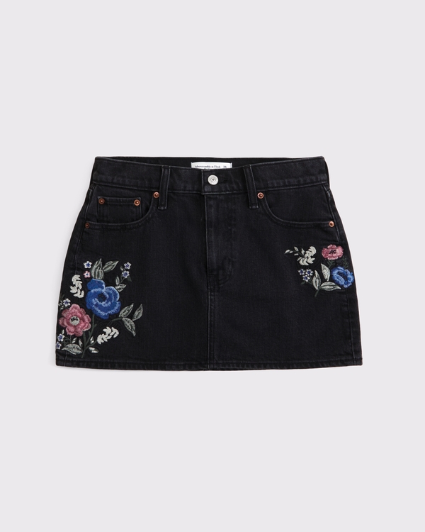 Embroidered Mid Rise 5-Pocket Denim Mini Skort, Black view 1