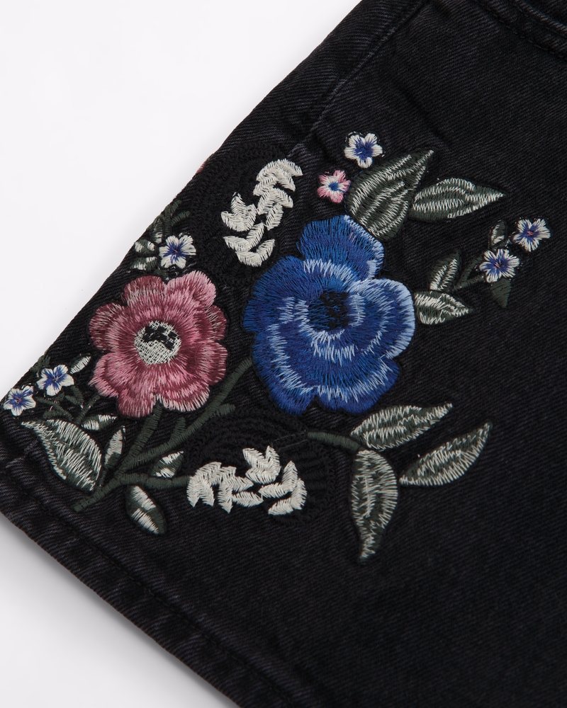 Embroidered Mid Rise 5-Pocket Denim Mini Skort