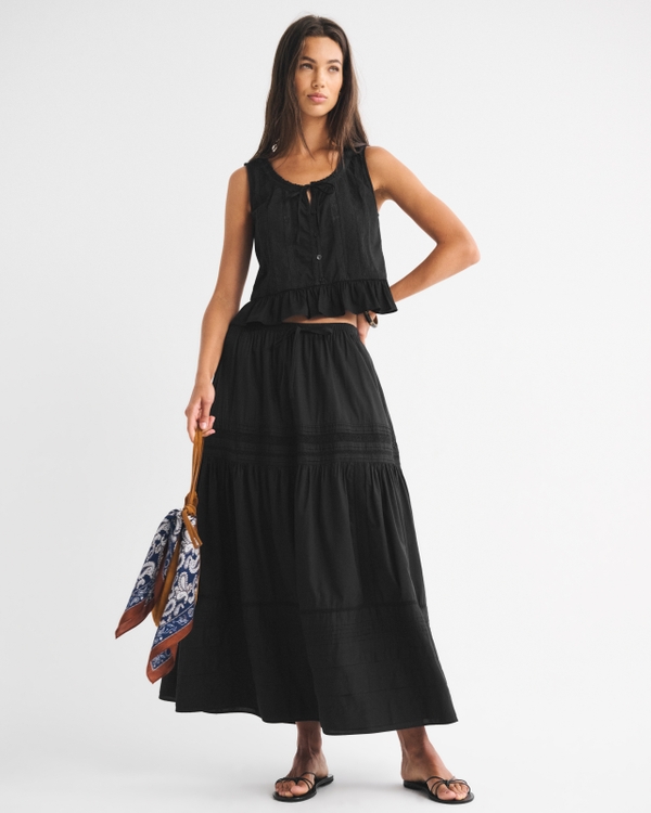 High Rise Pull-On Boho Maxi Skirt, Black view 1