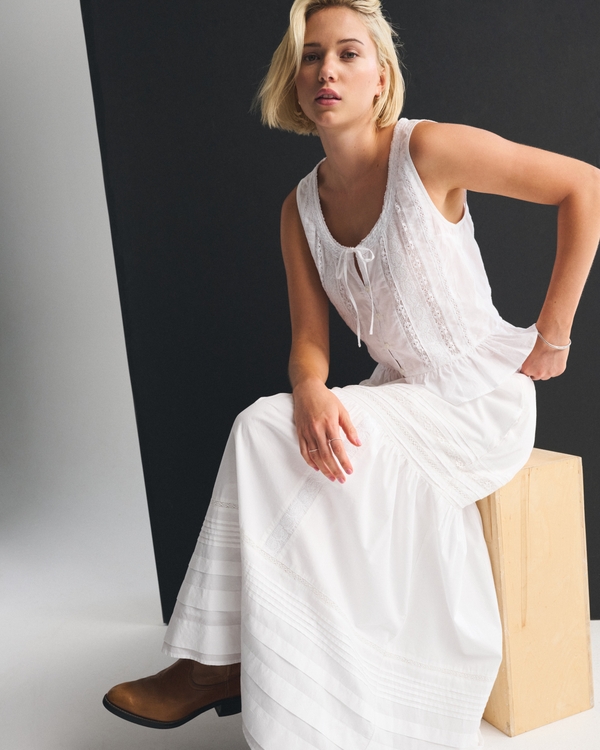 High Rise Pull-On Boho Maxi Skirt, White view 1