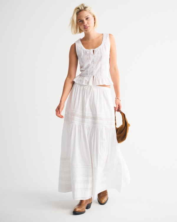 High Rise Pull-On Boho Maxi Skirt, White view 2