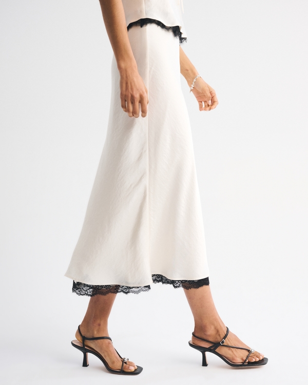 High Rise Satin Lace-Hem Midi Skirt