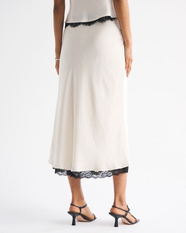 High Rise Satin Lace-Hem Midi Skirt