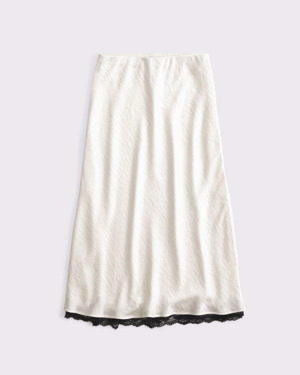 High Rise Satin Lace-Hem Midi Skirt