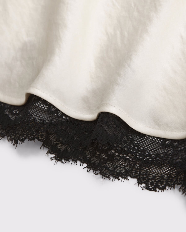 High Rise Satin Lace-Hem Midi Skirt
