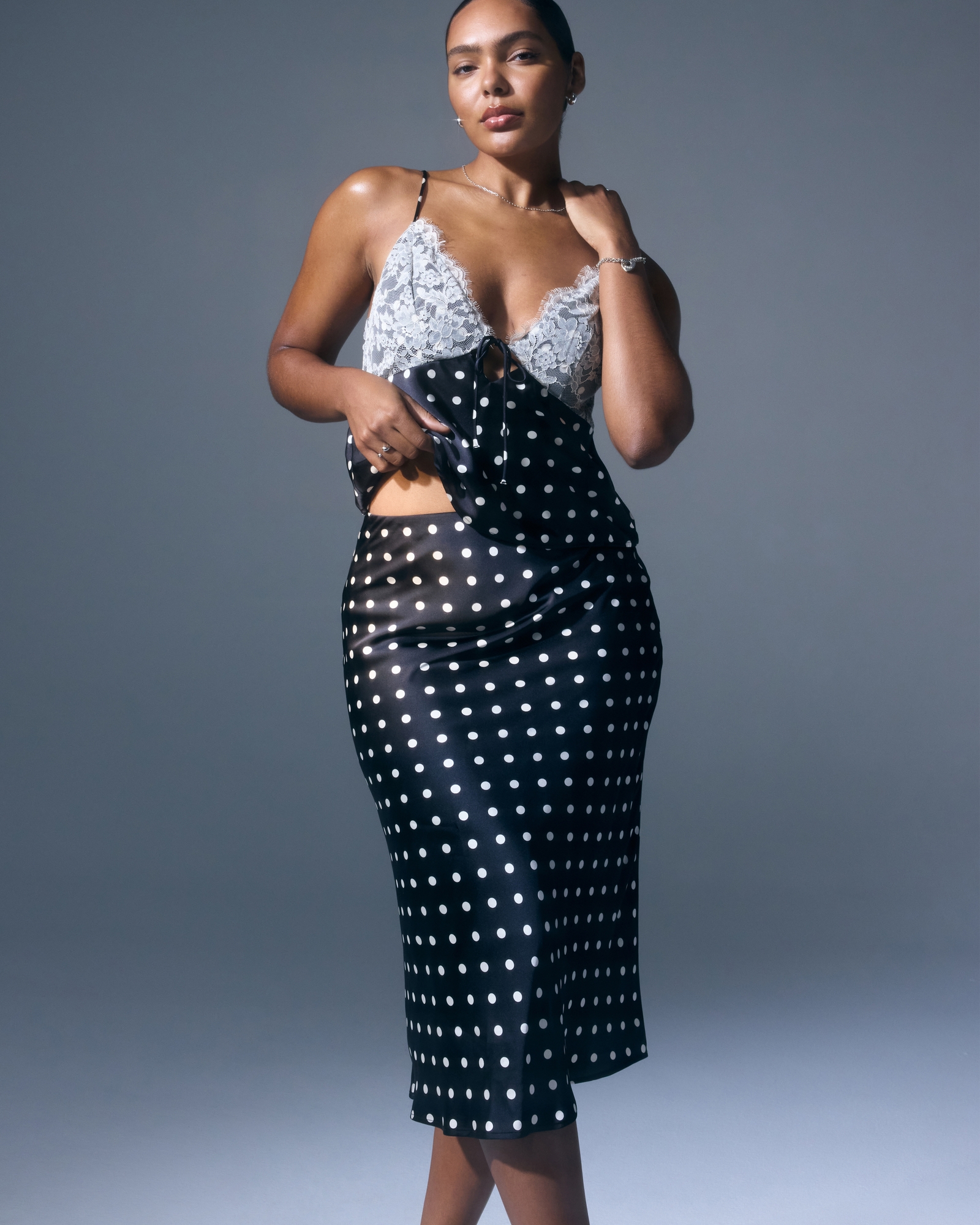 High Rise Satin Midi Skirt