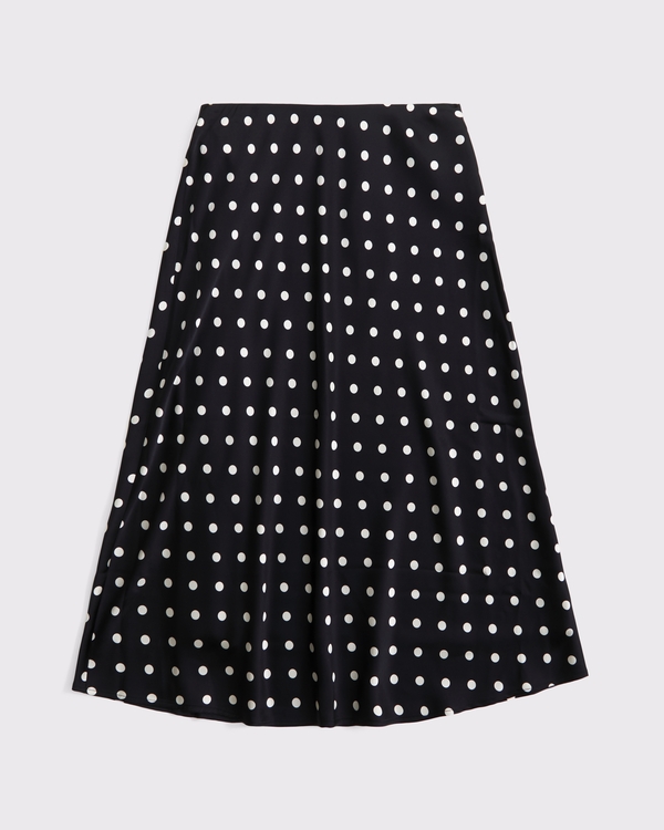 High Rise Satin Midi Skirt, Black Dot view 1