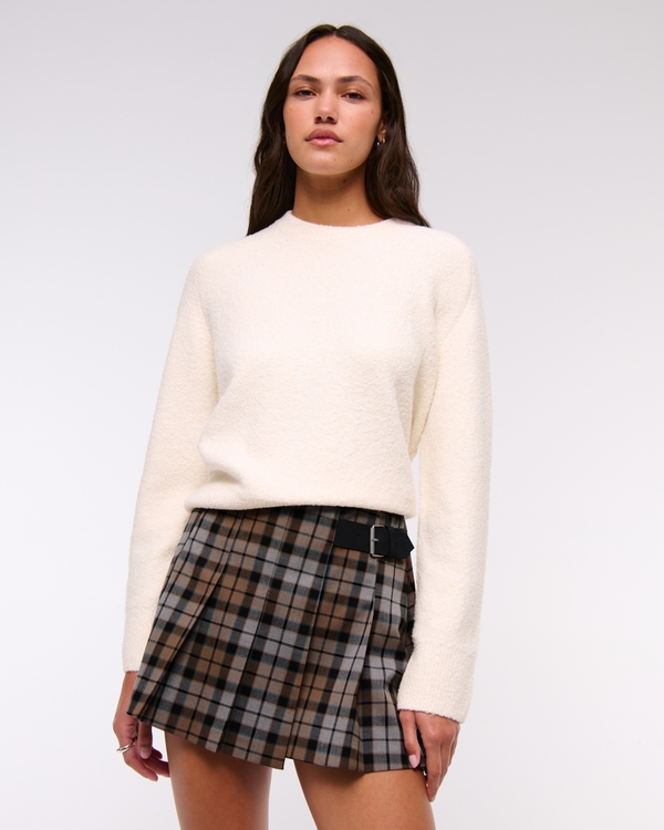 High Rise Pleated Belted Skort, Brown And Gray Plaid view 1