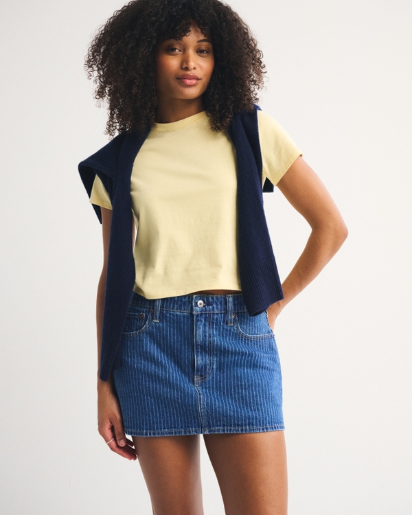 Curve Love Mid Rise Denim Mini Skort, Medium Stripe view 1