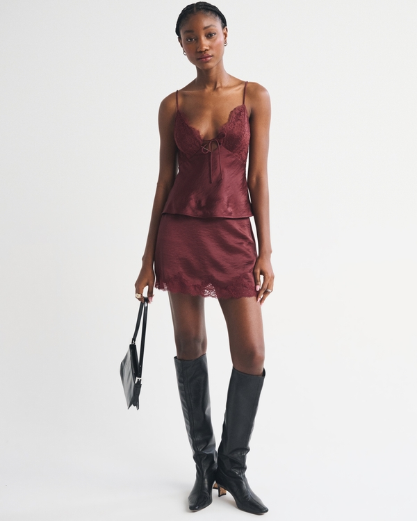 Ultra High Rise Lace & Satin Mini Skort, Burgundy view 2