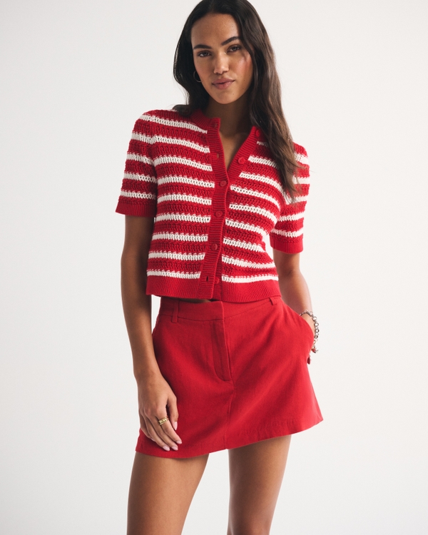 Linen-Blend Tailored Mini Skort, Fiery Red view 1