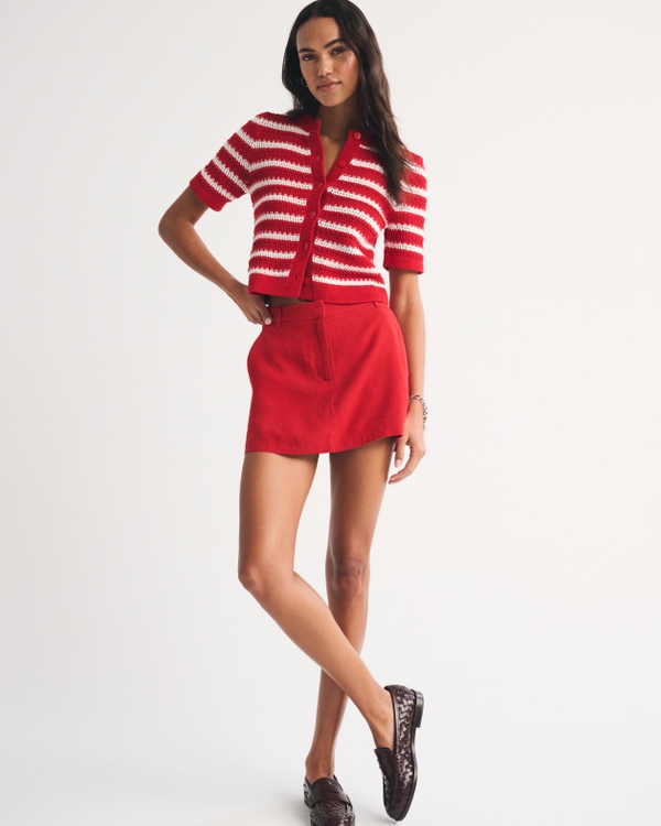 Linen-Blend Tailored Mini Skort, Fiery Red view 2