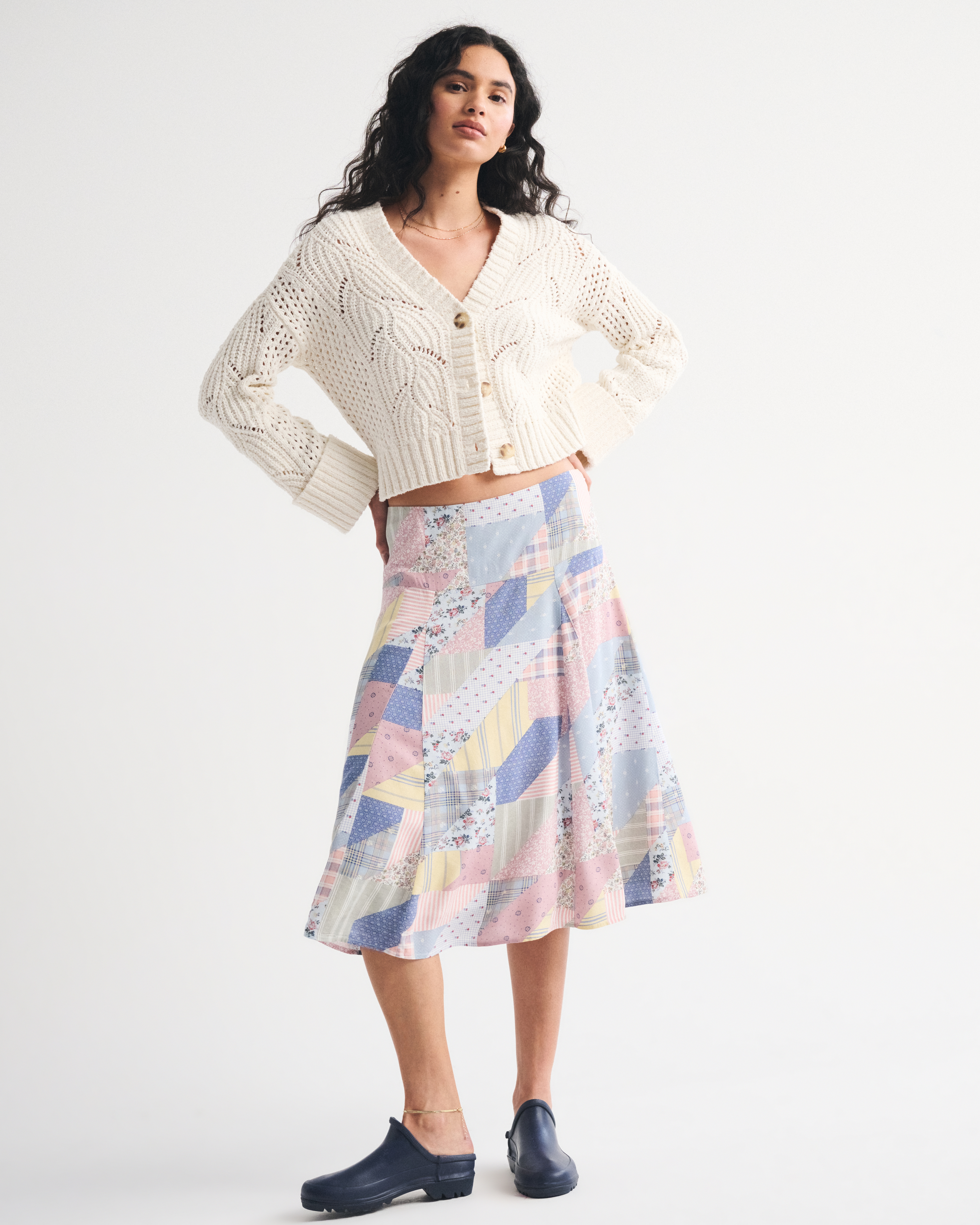 Godet Midi Skirt - Blue Patchwork