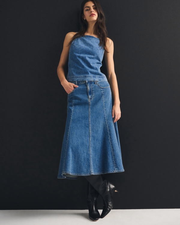 Linen-Blend Denim Midi Skirt, Medium view 1