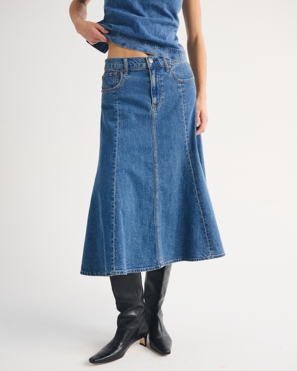 Linen-Blend Denim Midi Skirt, Medium view 2