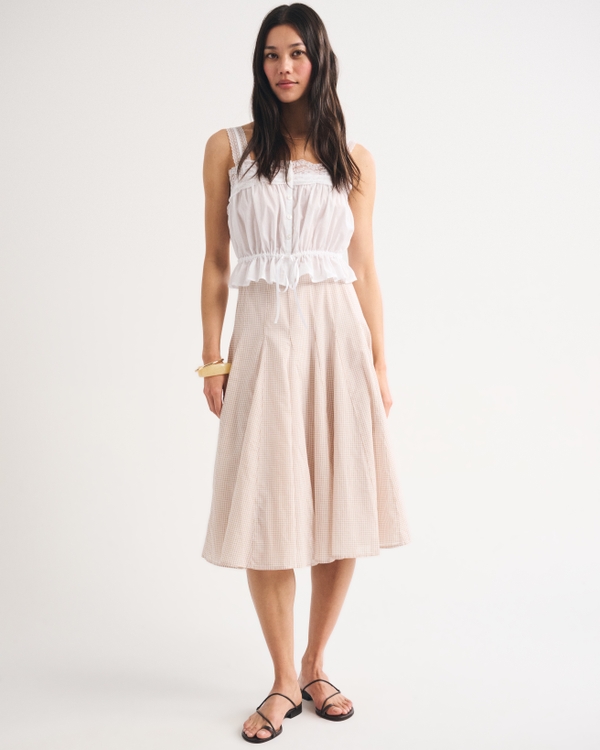100% Cotton High Rise Godet Midi Skirt, Light Brown Pattern view 1