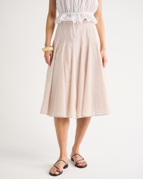 100% Cotton High Rise Godet Midi Skirt, Light Brown Pattern view 2