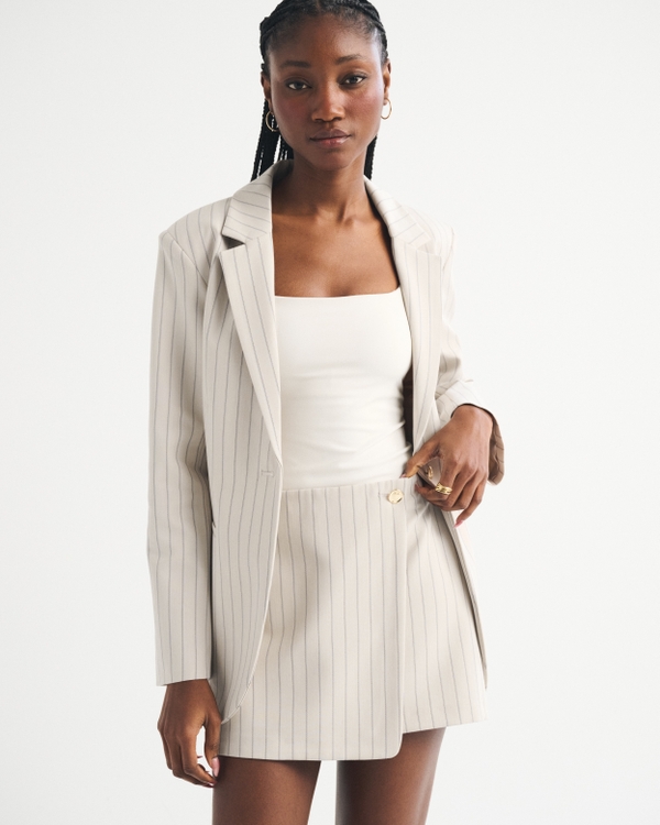 Menswear Wrap Skort, Beige Pinstripe view 1