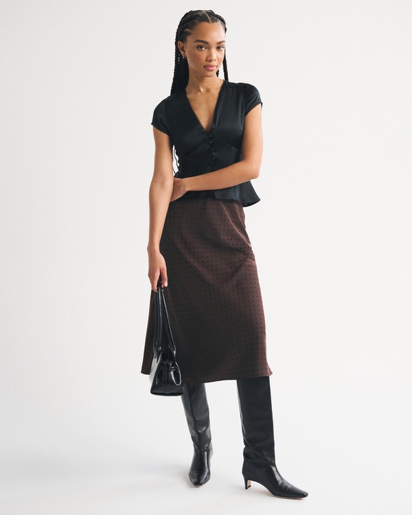 High Rise Satin Midi Skirt, Dark Coffee Dot view 1