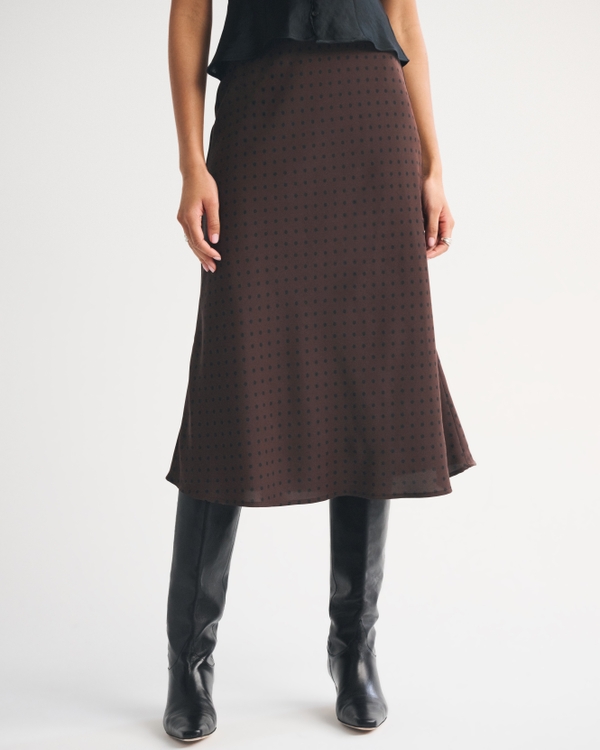 High Rise Satin Midi Skirt, Dark Coffee Dot view 2