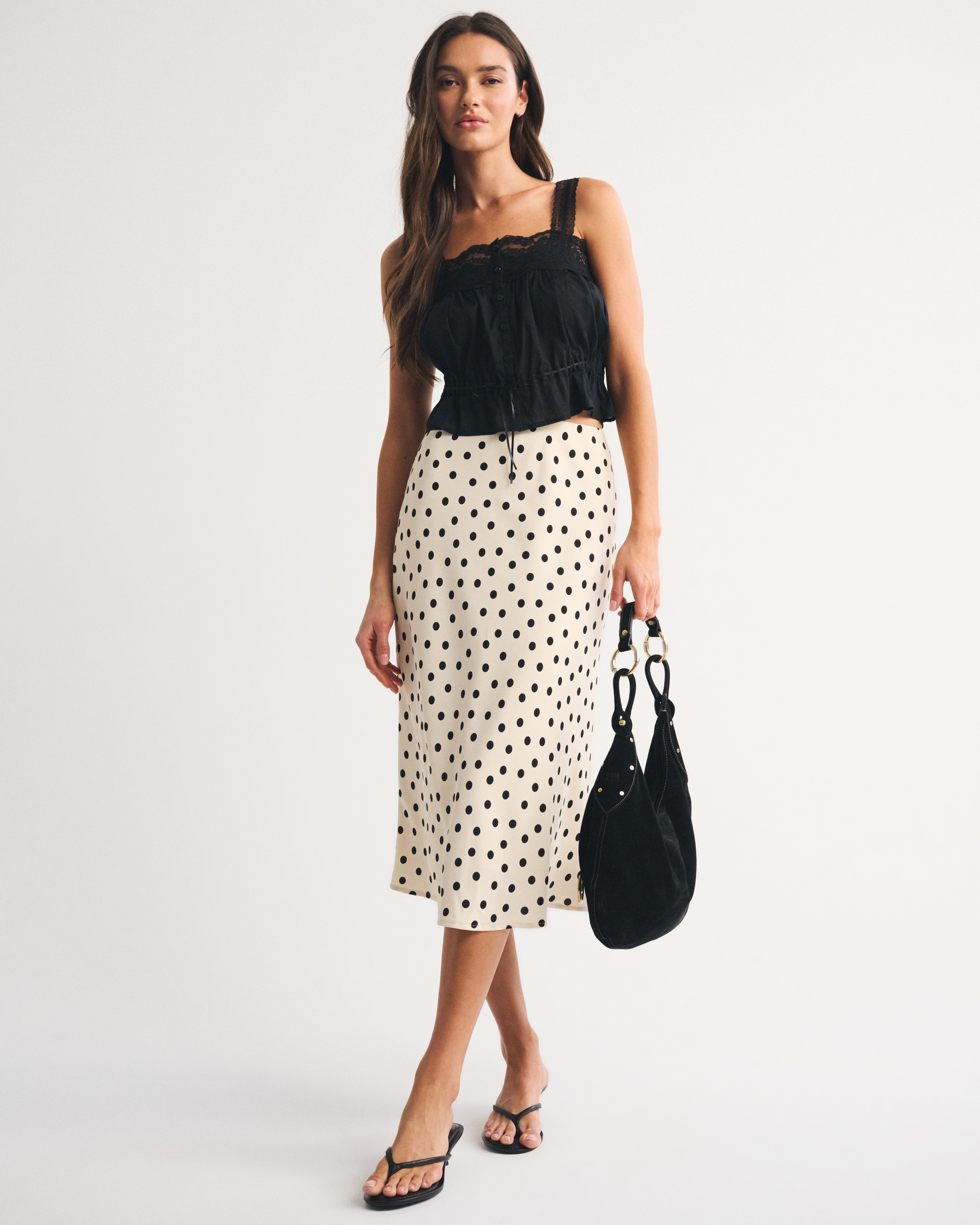 High Rise Satin Midi Skirt - Cream Dot