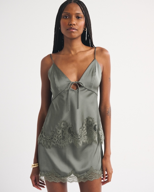 The A&F Scarlett Lace-Trim Satin Mini Skort, Olive Gray view 1