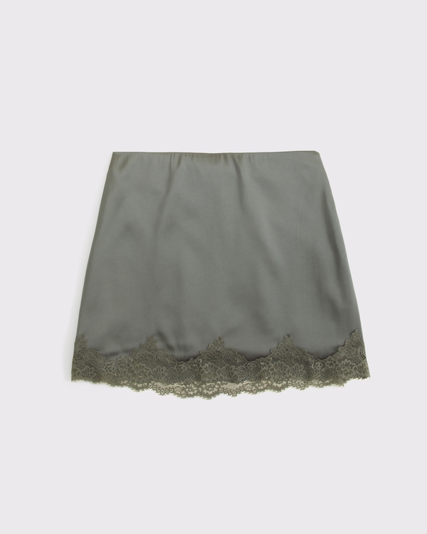 The A&F Scarlett Lace-Trim Satin Mini Skort, Olive Green view 1