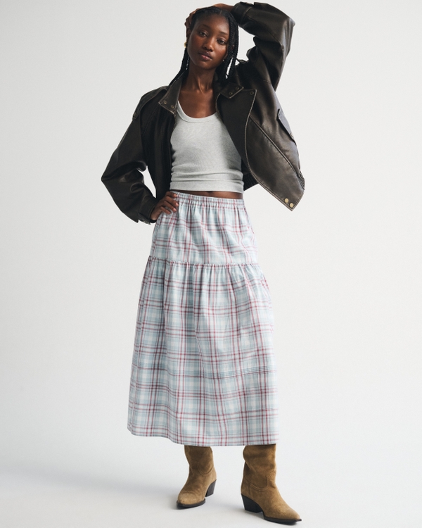 100% Cotton Tiered Maxi Skirt, Light Blue Plaid view 1
