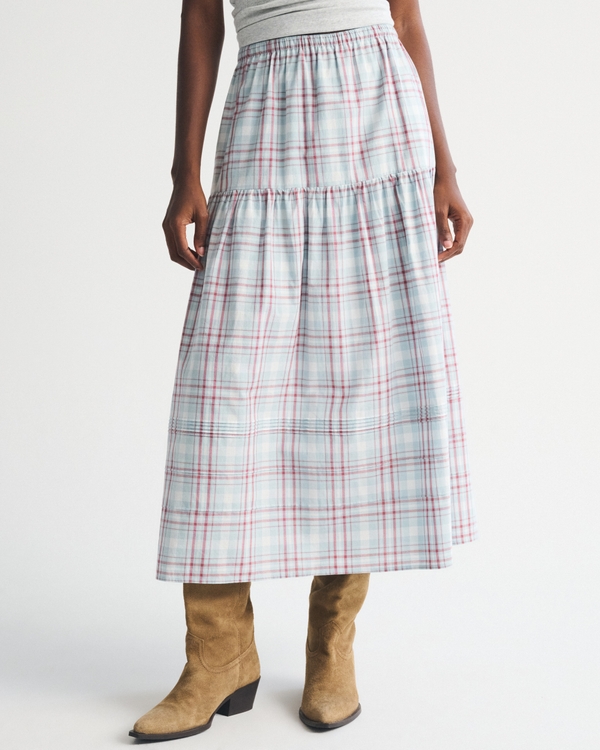 100% Cotton Tiered Maxi Skirt, Light Blue Plaid view 2