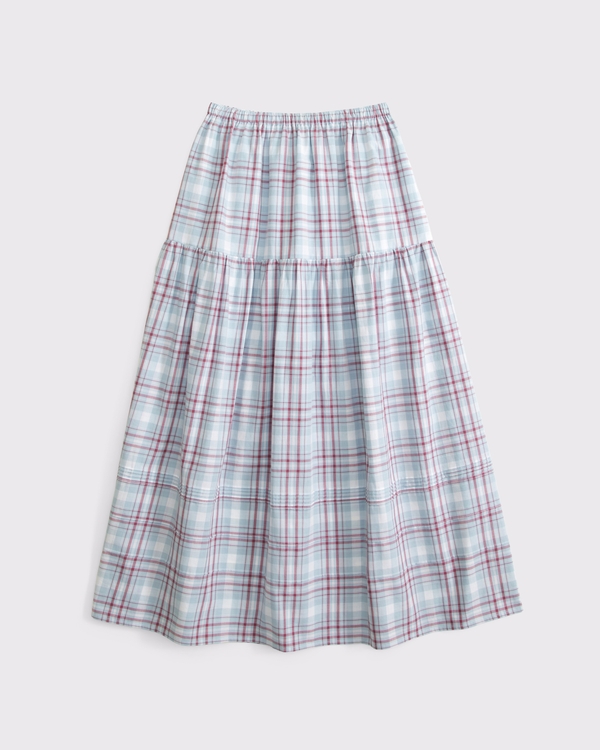 100% Cotton Tiered Maxi Skirt, Light Blue Plaid view 1