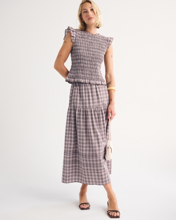 100% Cotton Maxi Skirt, Brown Plaid view 1