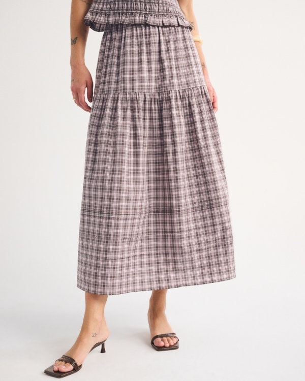 100% Cotton Maxi Skirt, Brown Plaid view 2