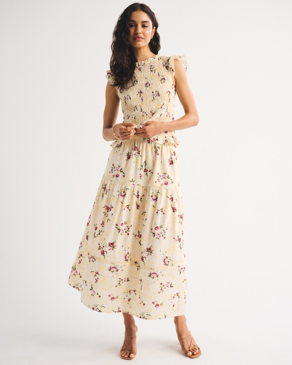 100% Cotton Boho Maxi Skirt, Yellow Floral view 1