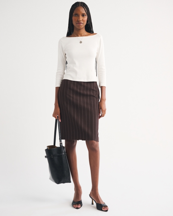 High Rise Pencil Midi Skirt, Dark Coffee Pinstripe view 1