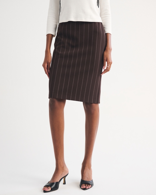 High Rise Pencil Midi Skirt, Dark Coffee Pinstripe view 2