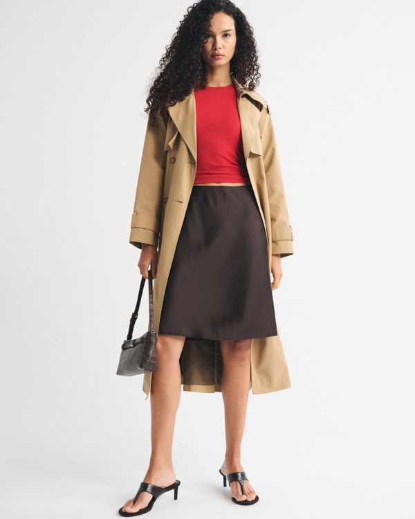 High Rise Satin Midi Skirt, Dark Coffee view 1