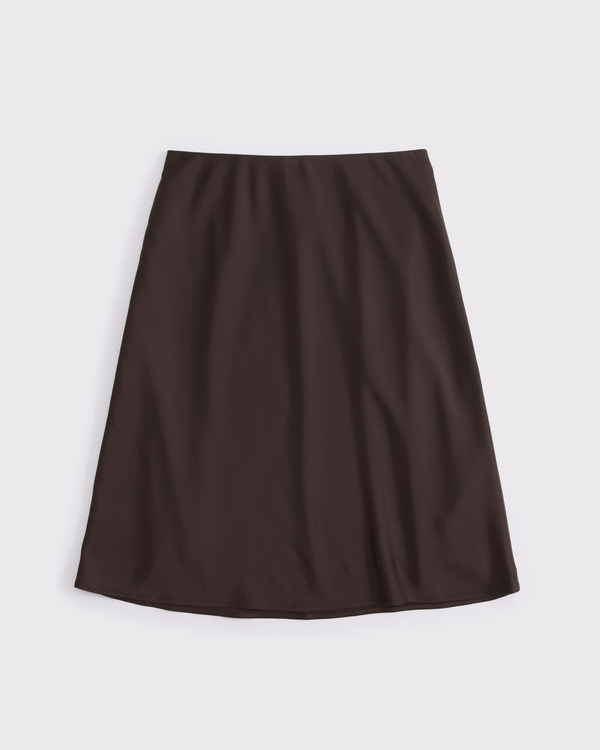High Rise Satin Midi Skirt, Dark Coffee view 1