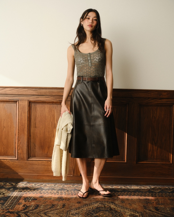 High Rise Vegan Leather Midi Skirt, Dark Brown view 1