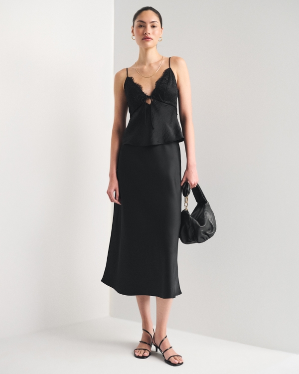 High Rise Satin Midi Skirt, Black view 1