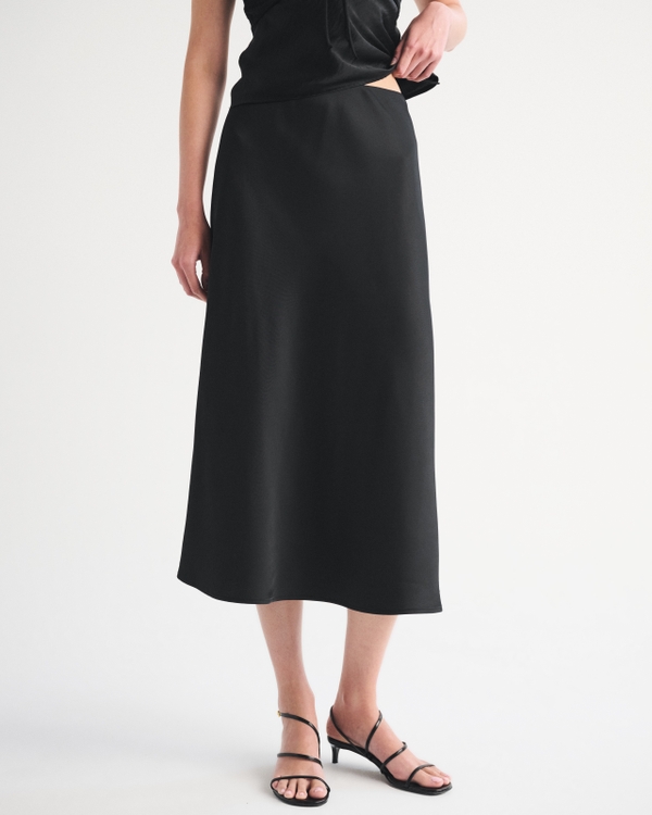 High Rise Satin Midi Skirt, Black view 2