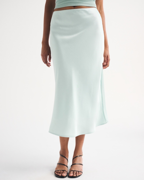 High Rise Satin Midi Skirt, Seafoam view 2