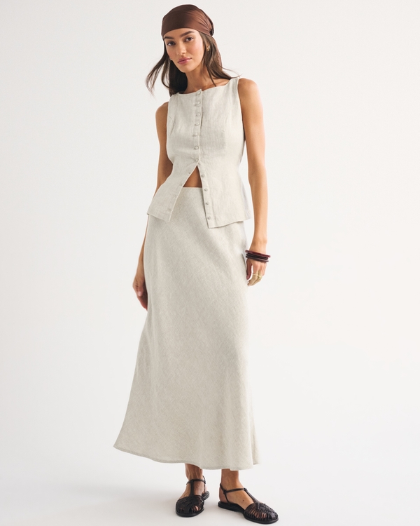 100% Linen High Rise Maxi Skirt, Oatmeal view 1