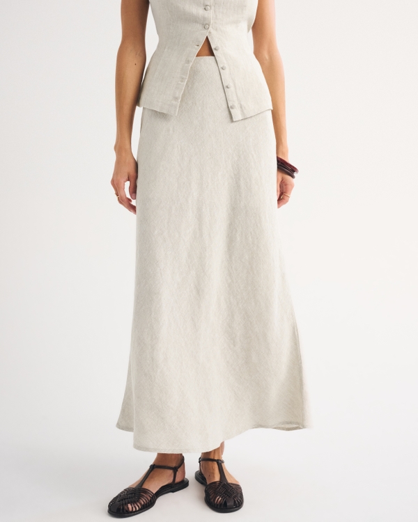 100% Linen High Rise Maxi Skirt, Oatmeal view 2