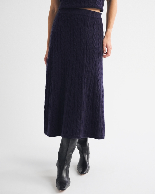Merino Wool-Blend Cable Sweater Midi Skirt, Muted Navy view 2