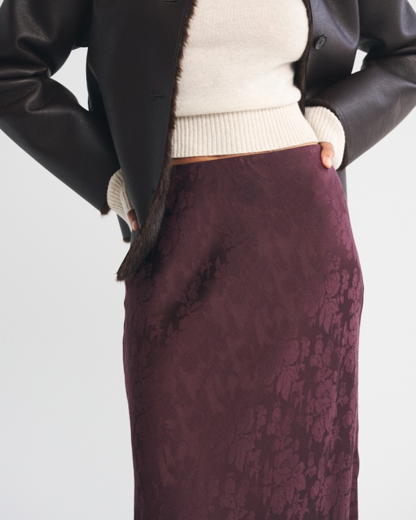 High Rise Satin Jacquard Maxi Skirt, Wine Brown Jacquard view 2