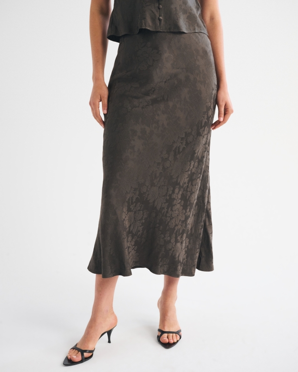 High Rise Satin Jacquard Maxi Skirt, Dark Olive view 2
